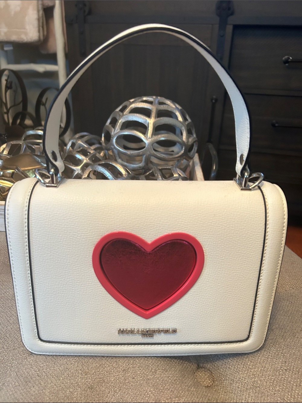 KARL LAGERFELD PARIS Simone Heart Flap Leather Bag - White/Cactus Pink Crossbody
